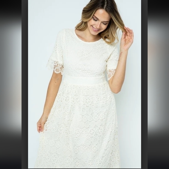 POLAGRAM CROCHET FLORAL LACE CREAM MIDI DRESS, SZ SMALL - Picture 3 of 16